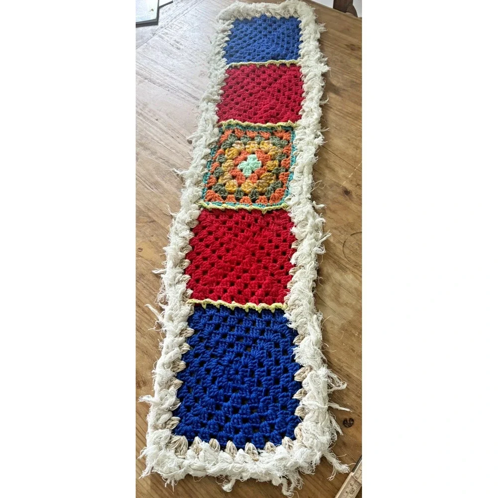 Handmade Crochet Knit Granny Square Red Blue Cream Table Runner Textile 40X13